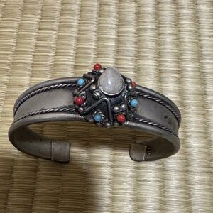 Silver Cuff Bracelet with Red and Blue Accents